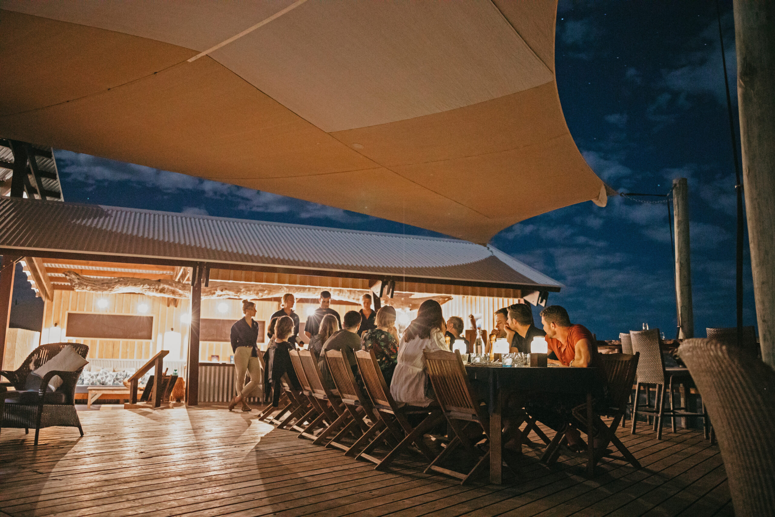 group of people sitting at table at night